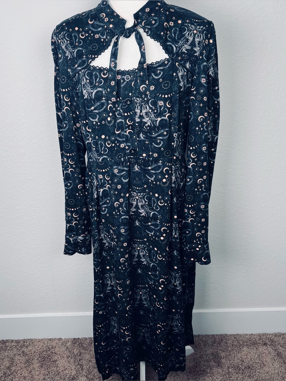 Disturbia Celestial Moon Owl Snake Moth Goth Print Long Sleeve Maxi Dress Black